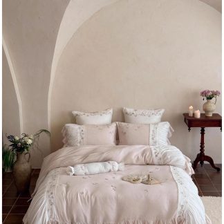Soft pink embroidered ruffled bedding four-piece set