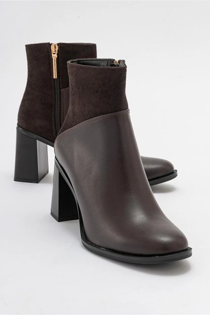 Retro dark brown patchwork chunky heel boots - Image 6