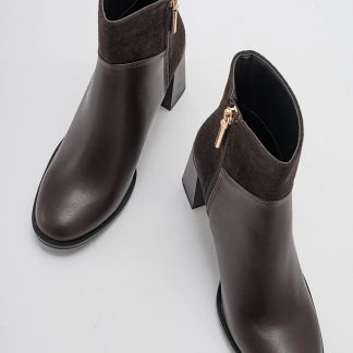 Retro dark brown patchwork chunky heel boots