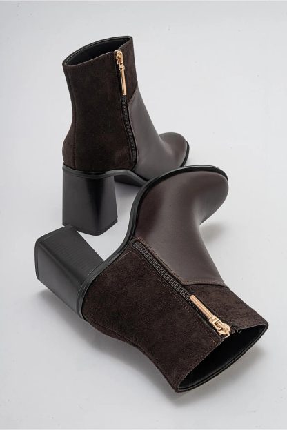 Retro dark brown patchwork chunky heel boots - Image 3