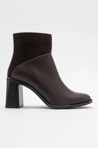Retro dark brown patchwork chunky heel boots - Image 2