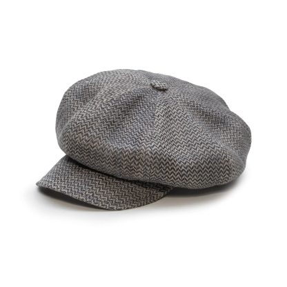Gray and black herringbone wool newsboy cap