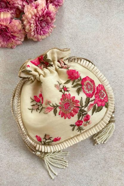 Off-white satin floral embroidered drawstring bag