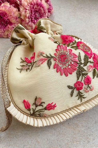 Off-white satin floral embroidered drawstring bag - Image 3