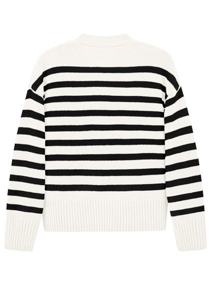 Black and white striped V-neck knitted cardigan - Image 7