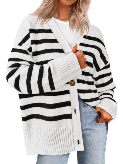Black and white striped V-neck knitted cardigan - Image 6