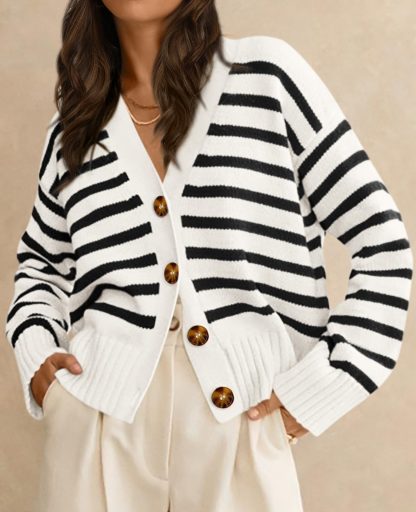 Black and white striped V-neck knitted cardigan - Image 5