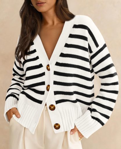 Black and white striped V-neck knitted cardigan - Image 4