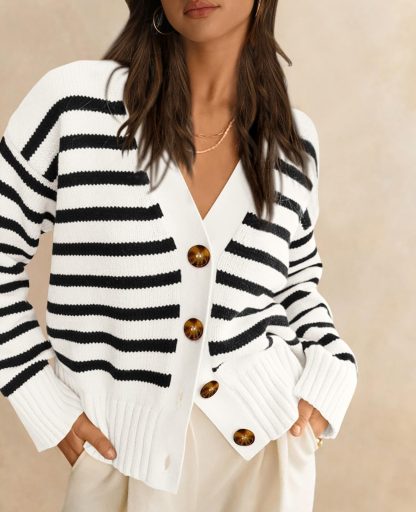 Black and white striped V-neck knitted cardigan