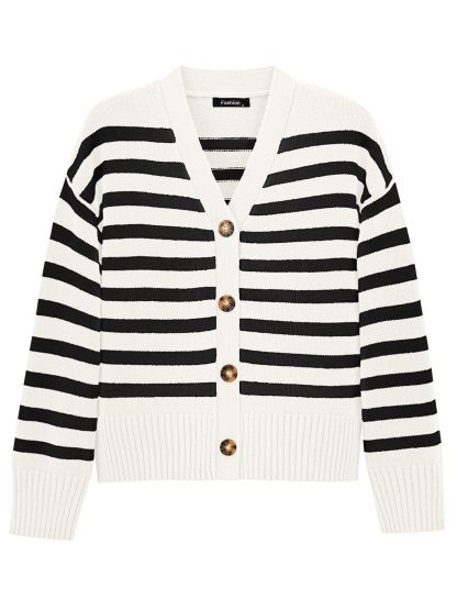 Black and white striped V-neck knitted cardigan - Image 2