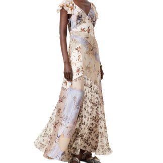 Floral Panel V-Neck Long Dress