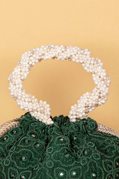Emerald Velvet Pearl Embroidered Tote Bag - Image 6