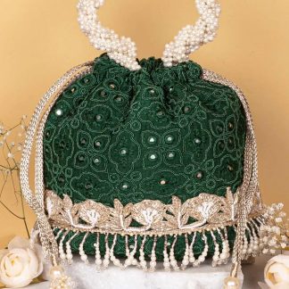 Emerald Velvet Pearl Embroidered Tote Bag