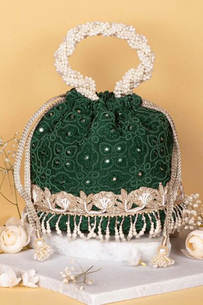 Emerald Velvet Pearl Embroidered Tote Bag