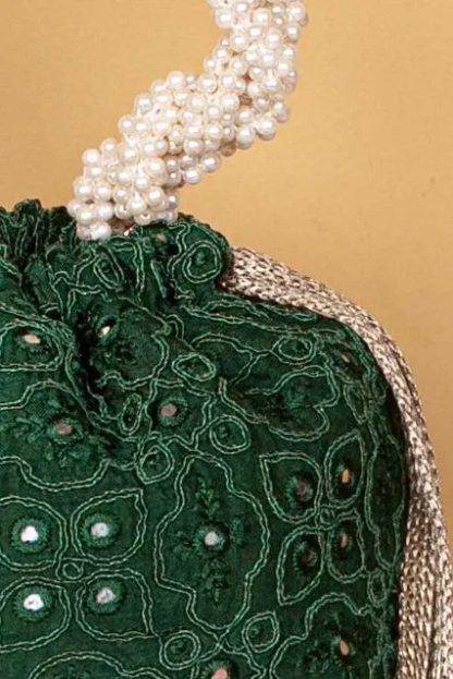 Emerald Velvet Pearl Embroidered Tote Bag - Image 2
