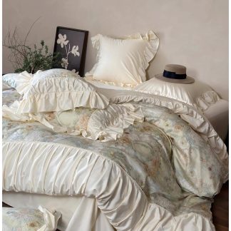 Oil painting floral satin ruffled bedding four-piece set