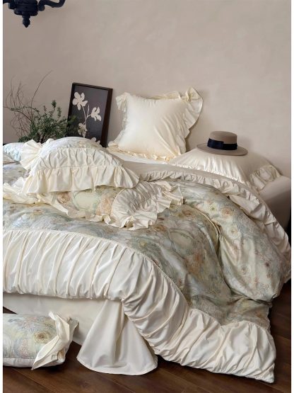 Oil painting floral satin ruffled bedding four-piece set