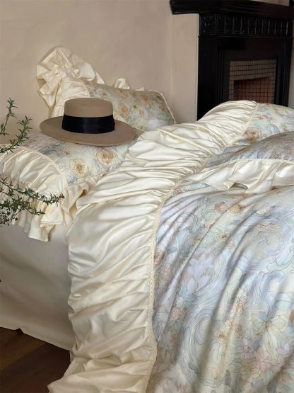 Oil painting floral satin ruffled bedding four-piece set - Image 9