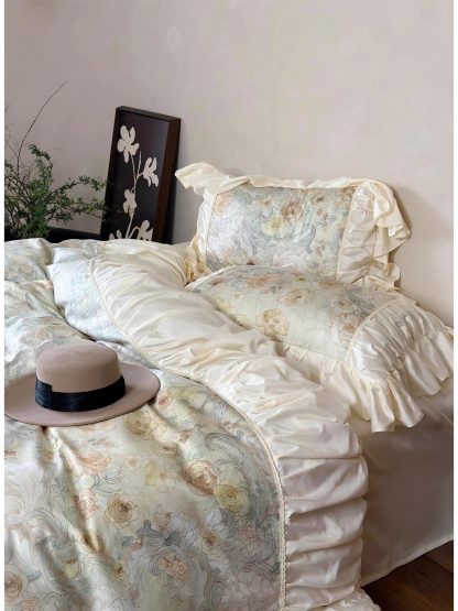 Oil painting floral satin ruffled bedding four-piece set - Image 8