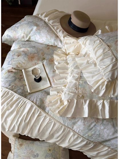 Oil painting floral satin ruffled bedding four-piece set - Image 7