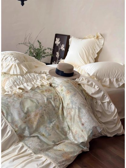Oil painting floral satin ruffled bedding four-piece set - Image 4