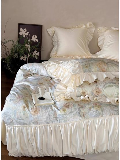 Oil painting floral satin ruffled bedding four-piece set - Image 3