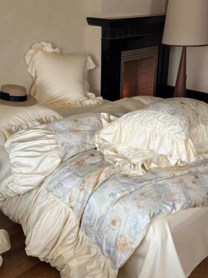 Oil painting floral satin ruffled bedding four-piece set - Image 2