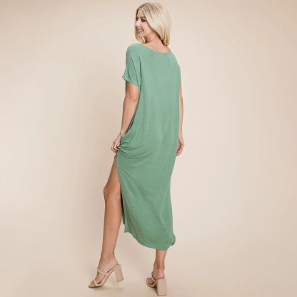 Lazy style side slit round neck short sleeve dress - Image 4
