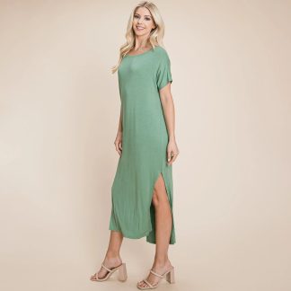 Lazy style side slit round neck short sleeve dress