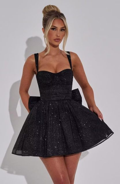Black Sequined Sweetheart Neck Bow Flared Hem Mini Skirt - Image 2