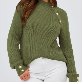 Olive Green Turtleneck Button-Down Cardigan