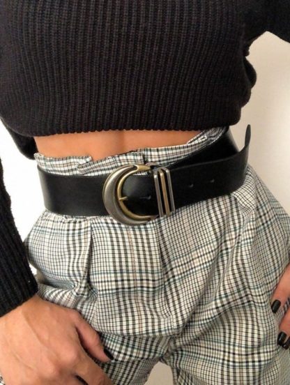 Black belt with vintage C-shaped metal buckle