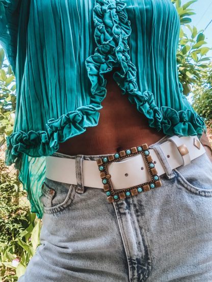 Bohemian colored stone square buckle white belt - Image 6