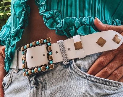Bohemian colored stone square buckle white belt - Image 2