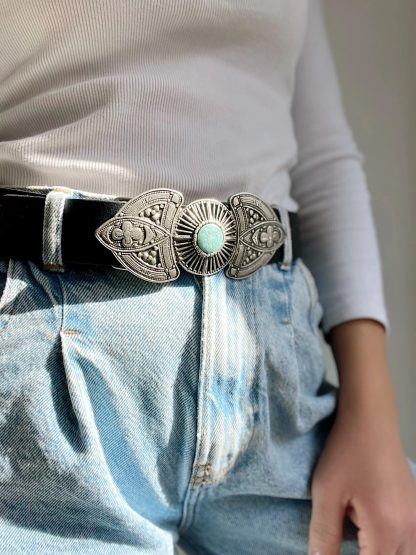 Bohemian vintage carved turquoise buckle black belt - Image 5