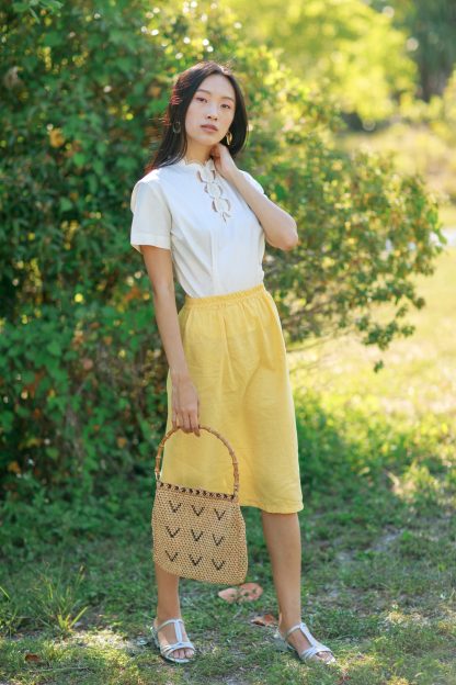 Yellow high waist linen textured straight midi skirt - Image 9