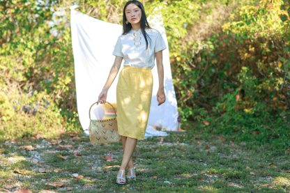 Yellow high waist linen textured straight midi skirt - Image 8
