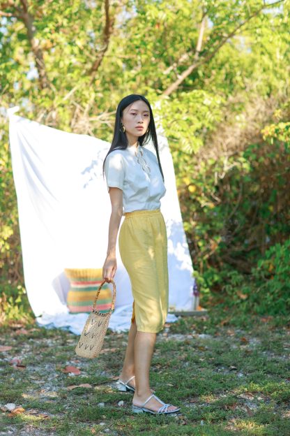 Yellow high waist linen textured straight midi skirt - Image 5