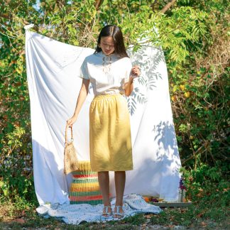 Yellow high waist linen textured straight midi skirt