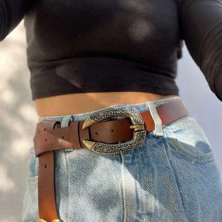 Brown belt with distressed metal buckle