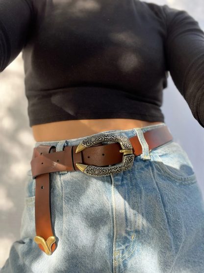 Brown belt with distressed metal buckle