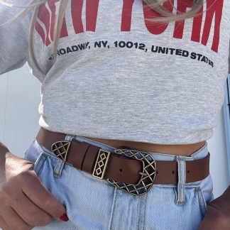 Brown belt with vintage carved braided buckle