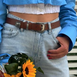 Brown leather belt with vintage silver buckle