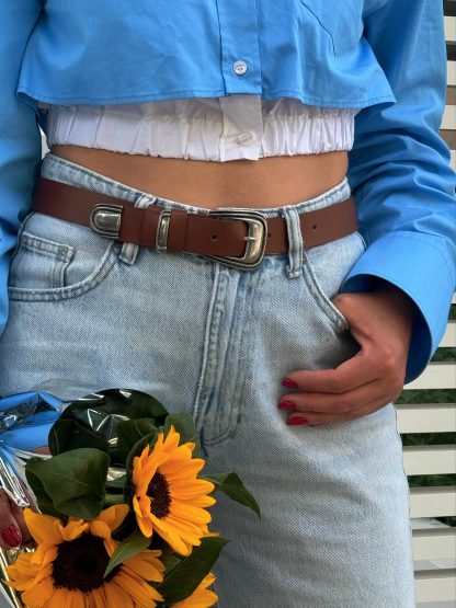 Brown leather belt with vintage silver buckle