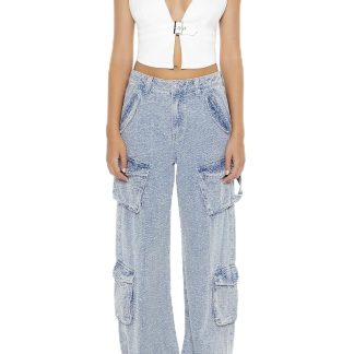Washed distressed multi-pocket work jeans