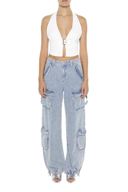 Washed distressed multi-pocket work jeans