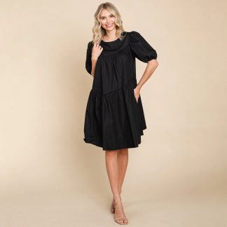 Retro Puff Sleeve Black Babydoll Dress