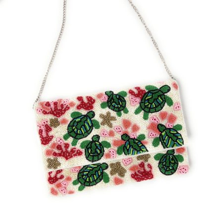 Childlike Hand-Beaded Turtle Coral Clutch - Image 7