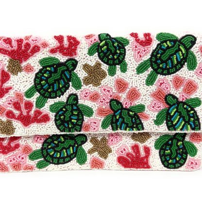 Childlike Hand-Beaded Turtle Coral Clutch - Image 3
