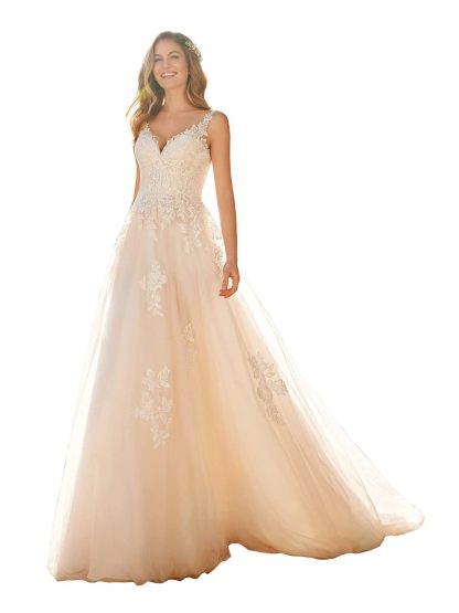 Light Champagne V-Neck Lace Embroidery Wedding Dress with Train